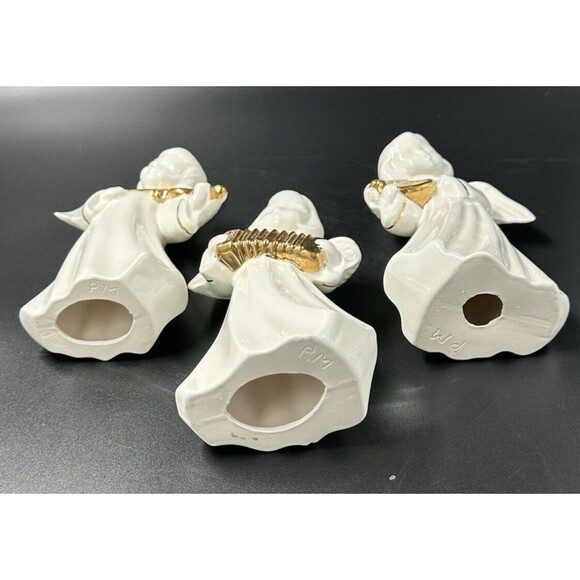 White and Gold Ceramic Angels Playing Musical Instruments Set of 3 Angels - Picture 6 of 11